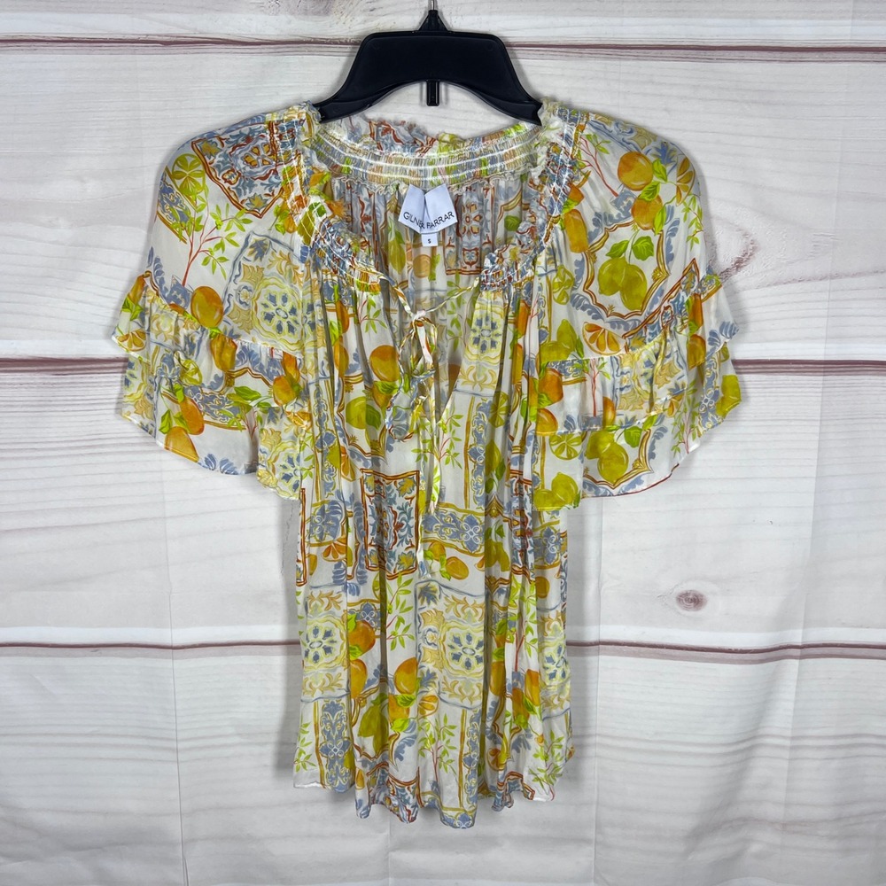 Gilner Farrar Flutter Sleeve Blouse Womens Small Lemon Print Ruffle Top Peasant